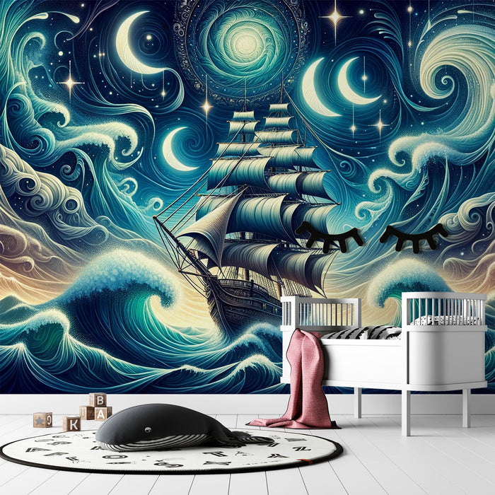 Pirate Mural Wallpaper | Imaginary Wave and Crescent Moon