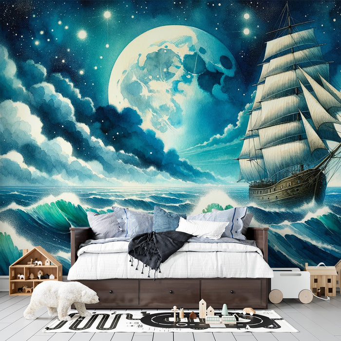 Pirate Mural Wallpaper | Waves and Full Moon in Watercolor