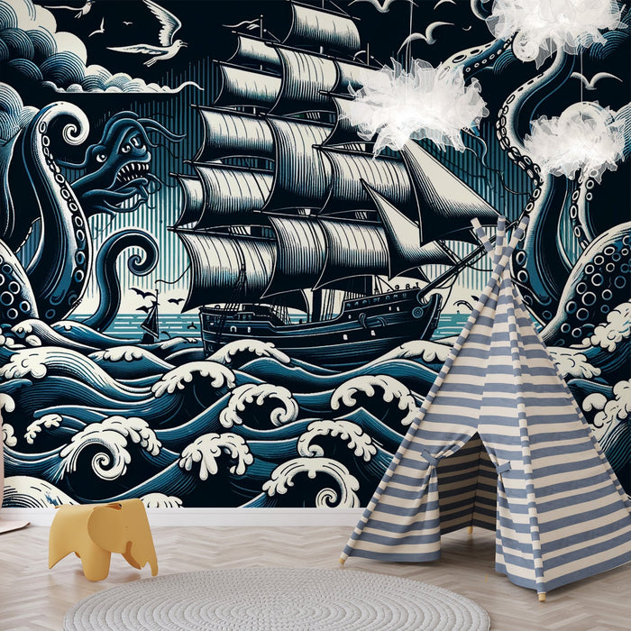 Pirate Mural Wallpaper | Japanese Waves and Boat