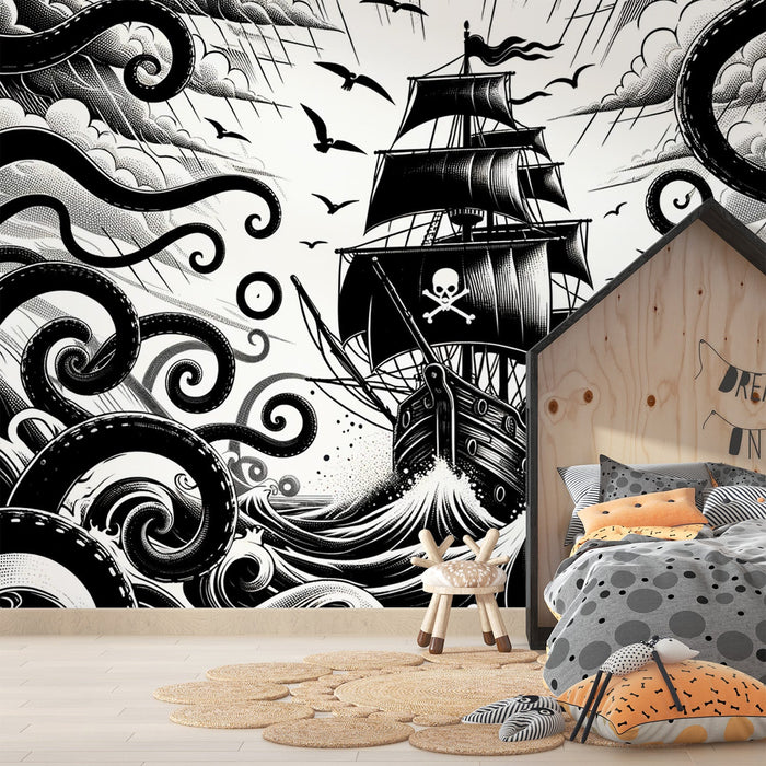 Black and White Pirate Mural Wallpaper | Giant Octopus on the Attack