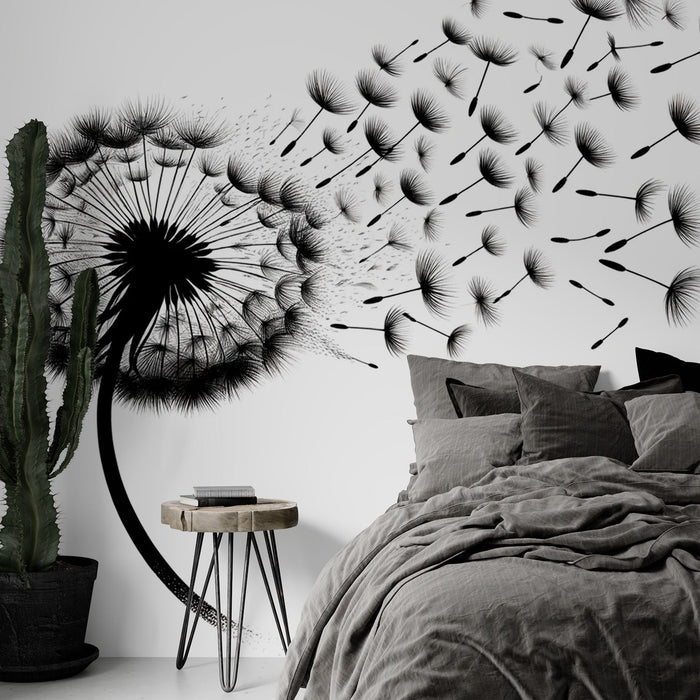 Dandelion Mural Wallpaper | Black Seed Flight on White Background
