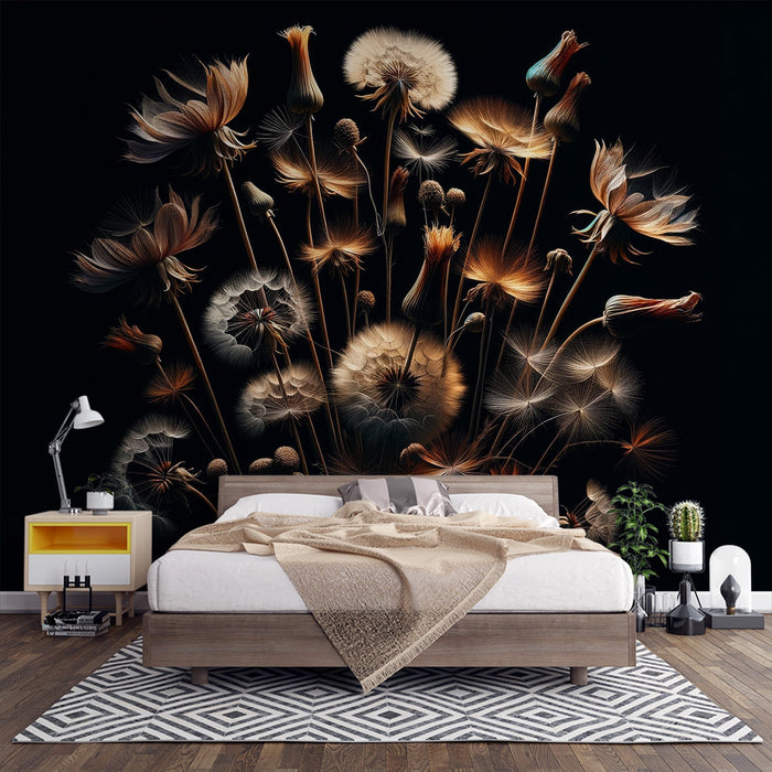 Papel de parede Dandelion | Flores brilhantes e pétalas em um misterioso fundo preto