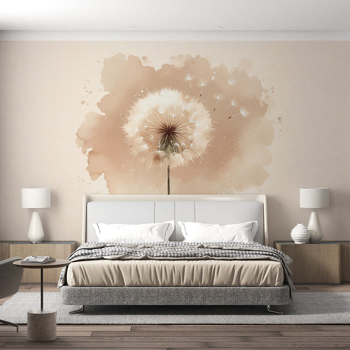 Dandelion Mural Wallpaper | Dark and Light Beige Background