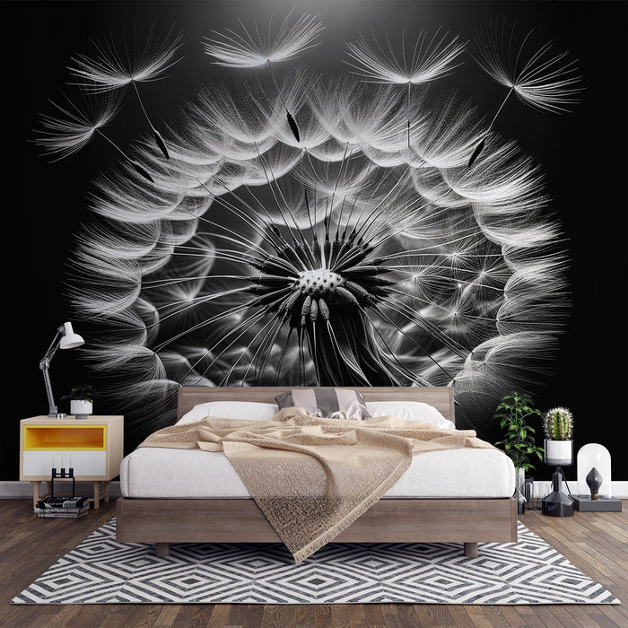 Dandelion Mural Wallpaper | A Close-up of a Black and White Dandelion