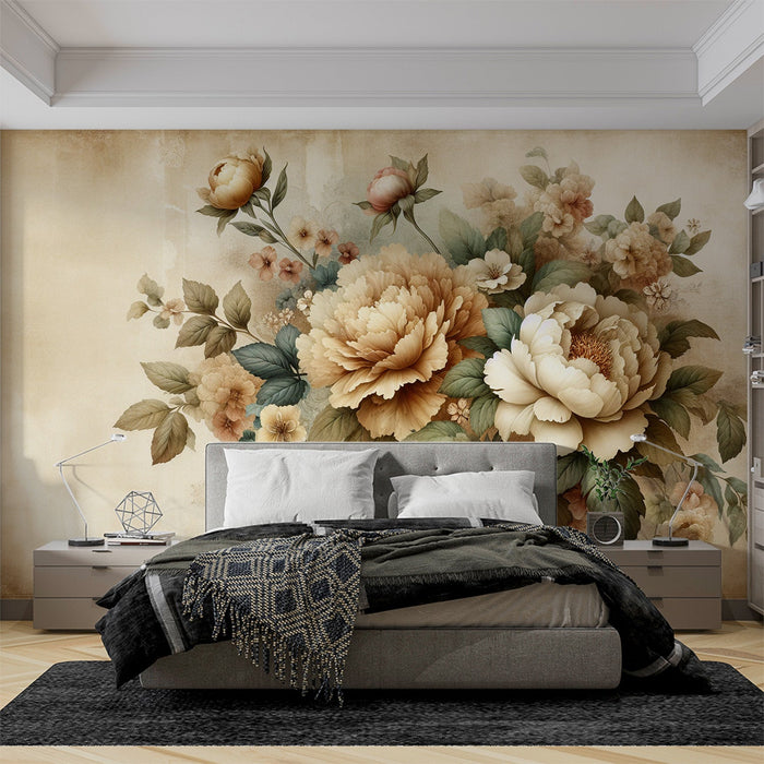 Peony Mural Wallpaper | White, Brown, and Aged
