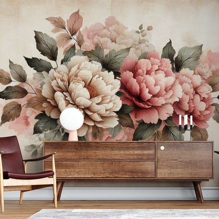 Peony Mural Wallpaper | Roses and White Floral Composition on Aged Background