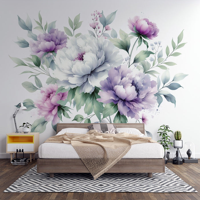 Peony Mural Wallpaper | Violet and White Floral Composition with Green Leaves
