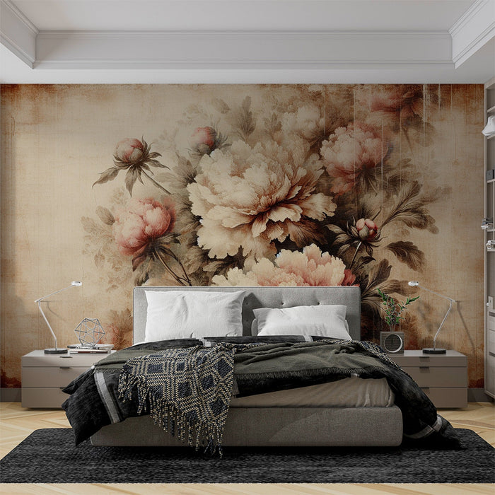 Pioen Mural Behang | Vintage Bloemen- en Bladdecor