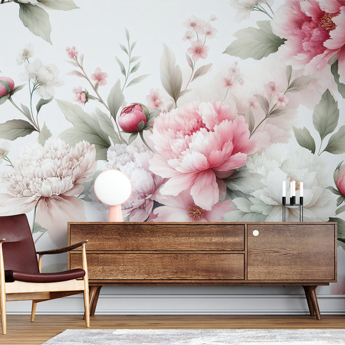 Peony Mural Wallpaper | Green Leaves and White and Pink Petals