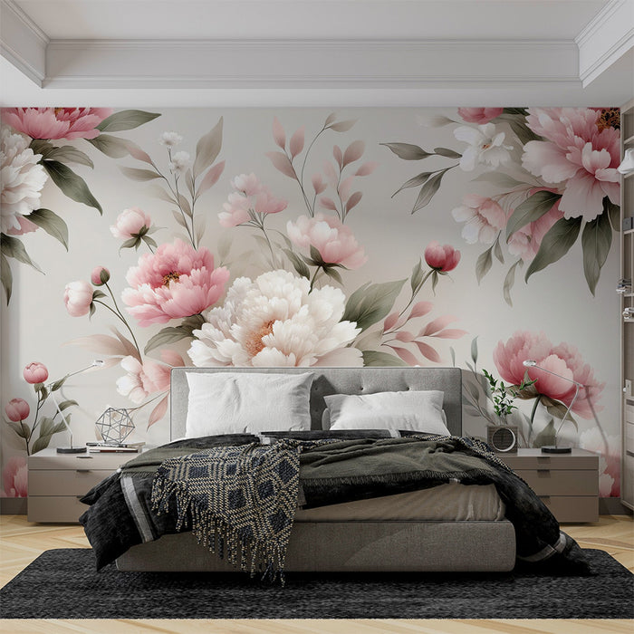 Papel de parede de mural de peônia | Branco vintage, flores rosa e folhagem verde