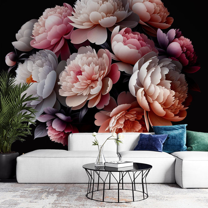 Peony Mural Wallpaper | White, Pink, and Purple Flowers on Black Background