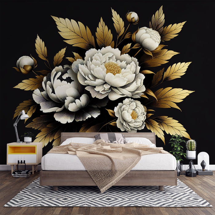 Peony Mural Wallpaper | White Flowers with Golden Leaves