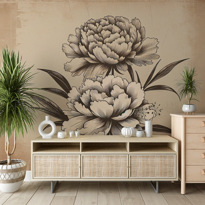 Peony Mural Wallpaper | White Flowers in Relief on Aged Background