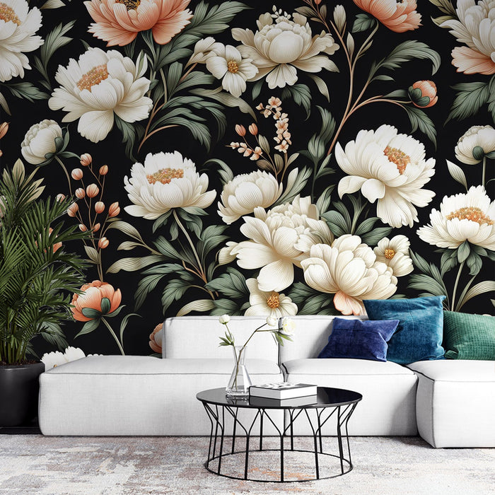 Peony Mural Wallpaper | White and Pink Retro-Style Flowers on a Black Background