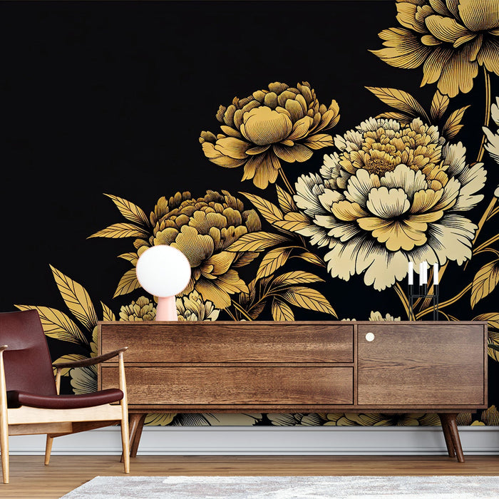 Peony Mural Wallpaper | Golden Flowers on Black Background