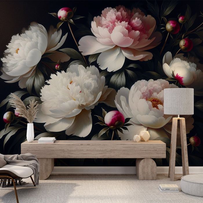 Peony Mural Wallpaper | White and Pink Open and Closed Flowers
