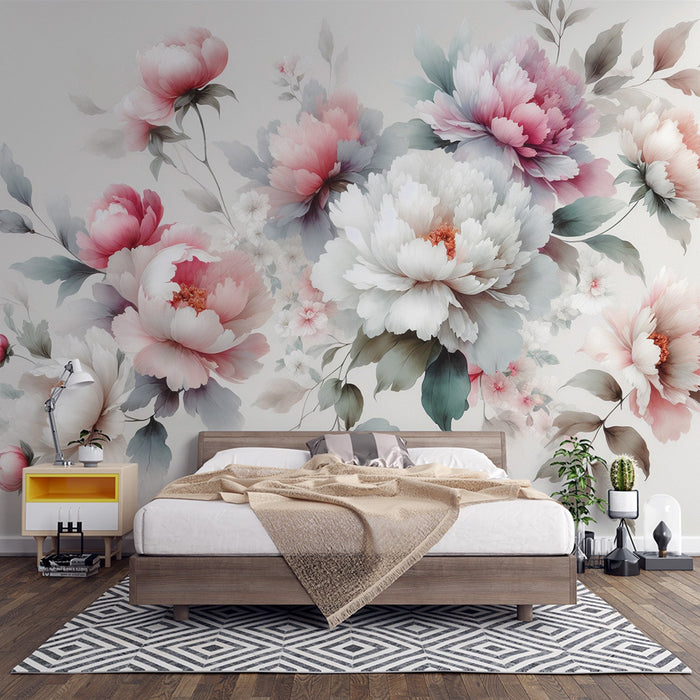 Peony Mural Wallpaper | Open and Closed Flowers on Cream Background