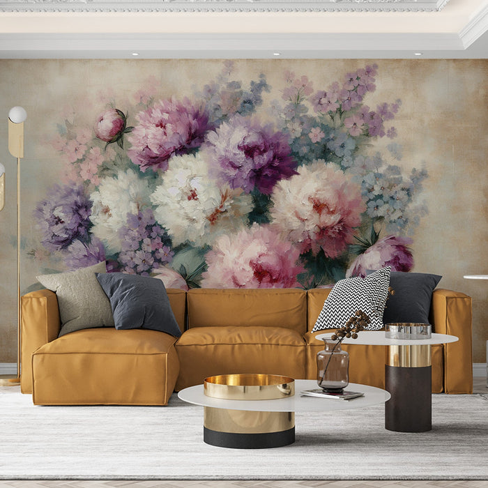 Pfingstrosen Tapete | Gealterter Hintergrund mit rosa, lila und weißen Blumen