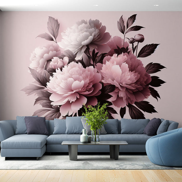 Pionien seinätapetti | Vaaleanpunaiset kukat mustilla lehdillä vaaleanpunaisella taustalla