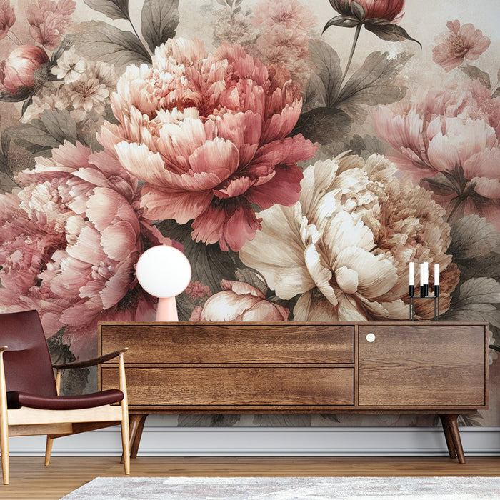 Peony Mural Wallpaper | Pink and White Flowers with a Vintage Aged Background