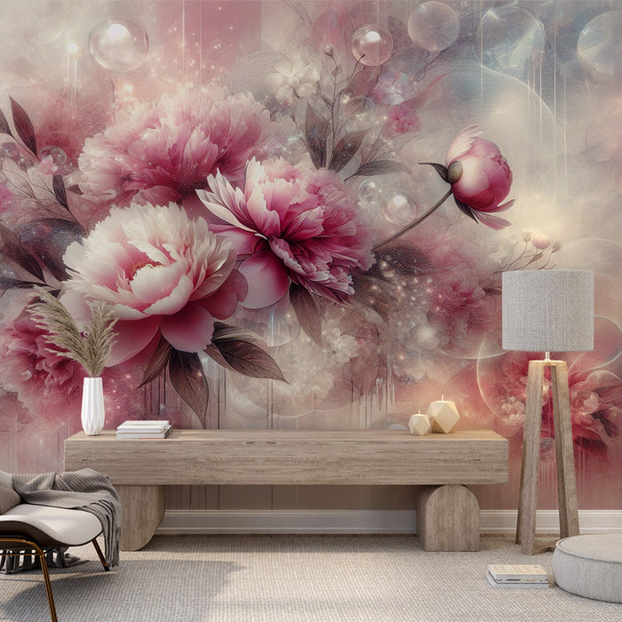 Pion Mural Tapet | Rosa blommor och Tvål Bubblor