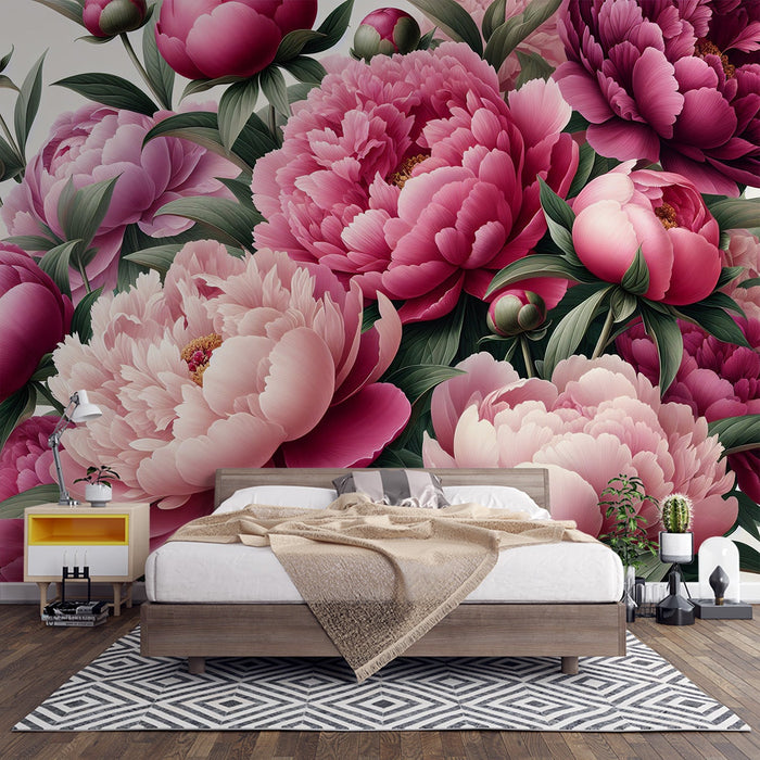 Peony Mural Wallpaper | Pink and Purple Flowers with Green Leaves