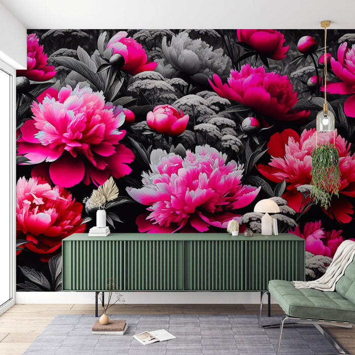 Peony Mural Wallpaper | Bright Pink Flowers with Black Set