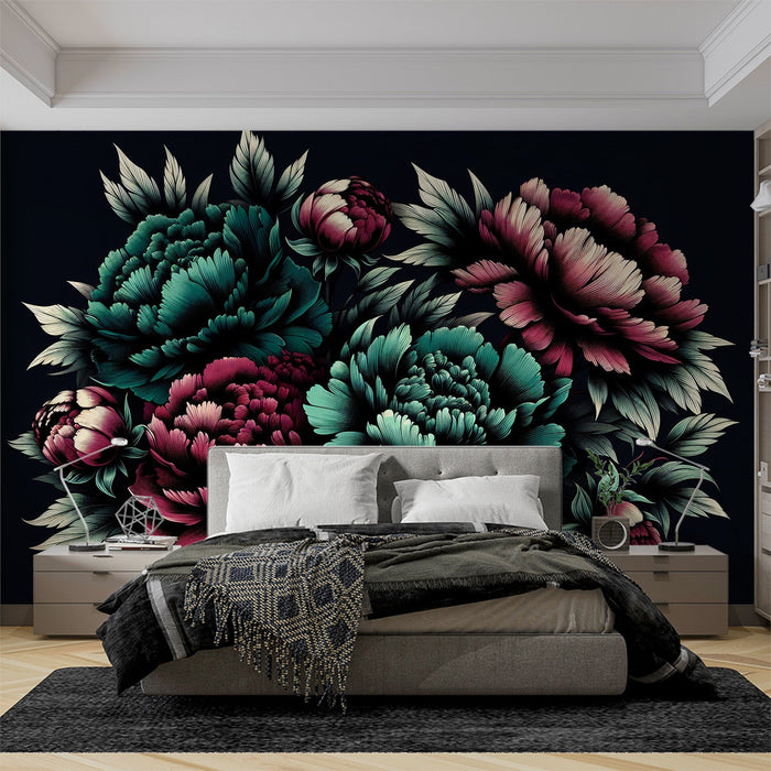 Papel pintado de peonías | Flores verdes y rosas vintage sobre fondo negro