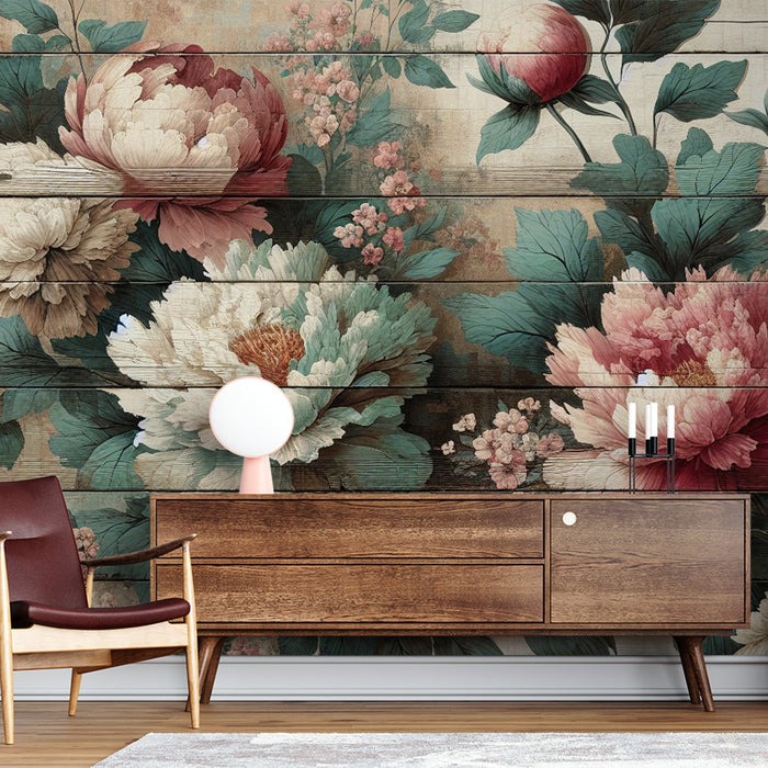 Papel de parede de Peônia | Fundo de madeira com flores brancas e rosas com folhas verdes
