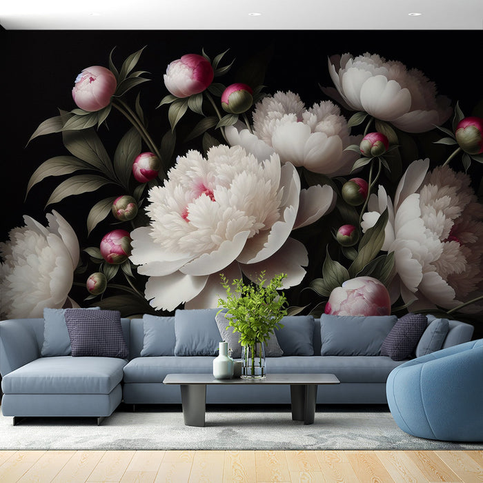 Pioen Mural Behang | Zwart Achtergrond met Open Witte Bloemen