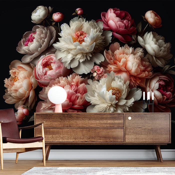 Peony Mural Wallpaper | Black Background and Colorful Realistic Flowers
