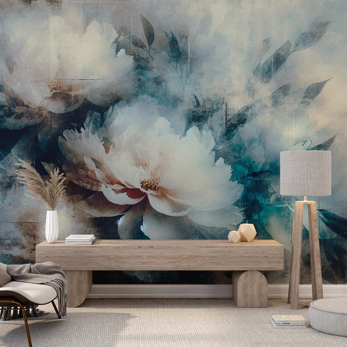 Peony Mural Wallpaper | Vintage Aged Background with Blue Flowers