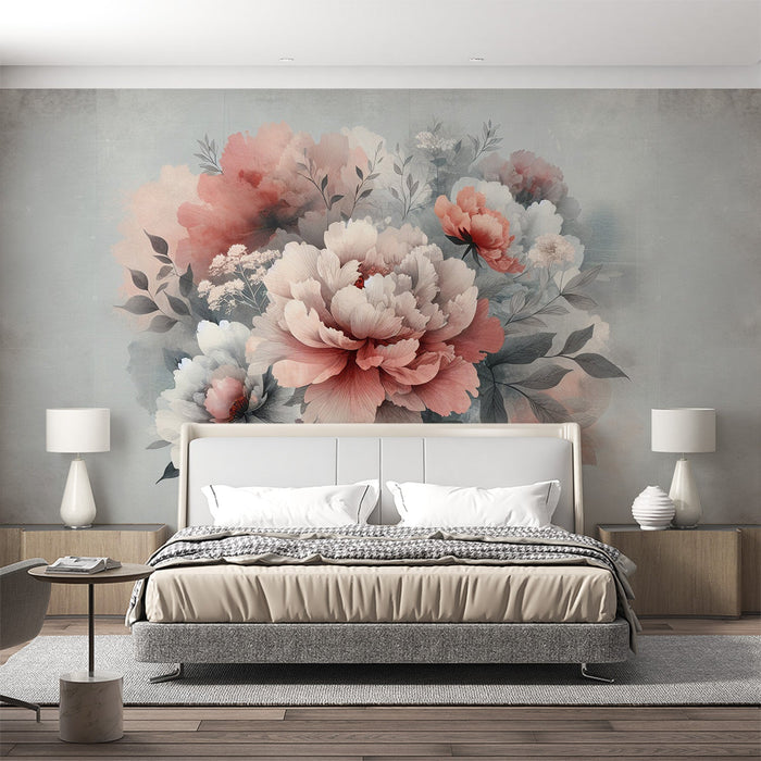 Papel pintado de Peonía | Fondo gris envejecido con pétalos rosas y blancos
