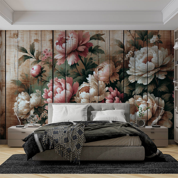 Papel de parede com mural de peônias | Tábuas de madeira com flores rosa e branca