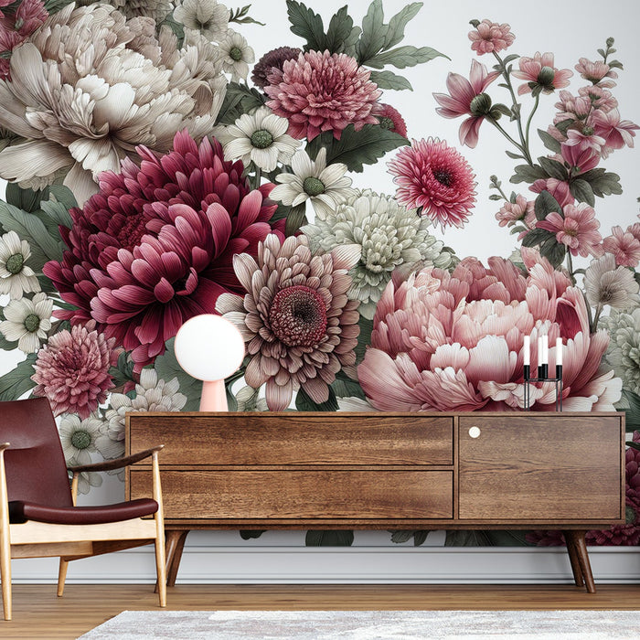 Peony Mural Wallpaper | Line of Pink, White, and Red Flowers