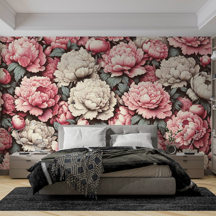 Papel pintado de Peonías | Estilo vintage con flores rosas y blancas