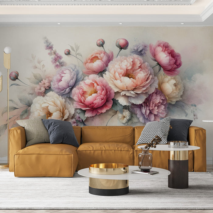 Peony Mural Wallpaper | Pink and Purple Colorful Composition