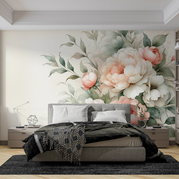 Peony Mural Wallpaper | Green and Pink Composition