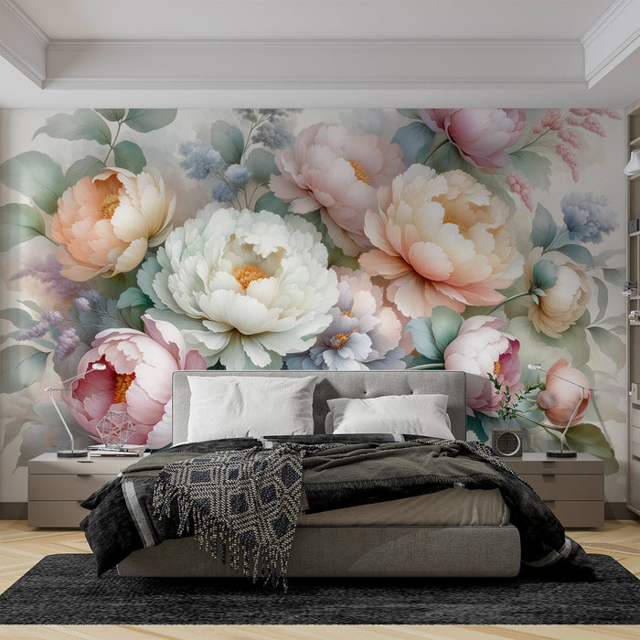 Peony Mural Wallpaper | Large Flowers on Watercolor Background