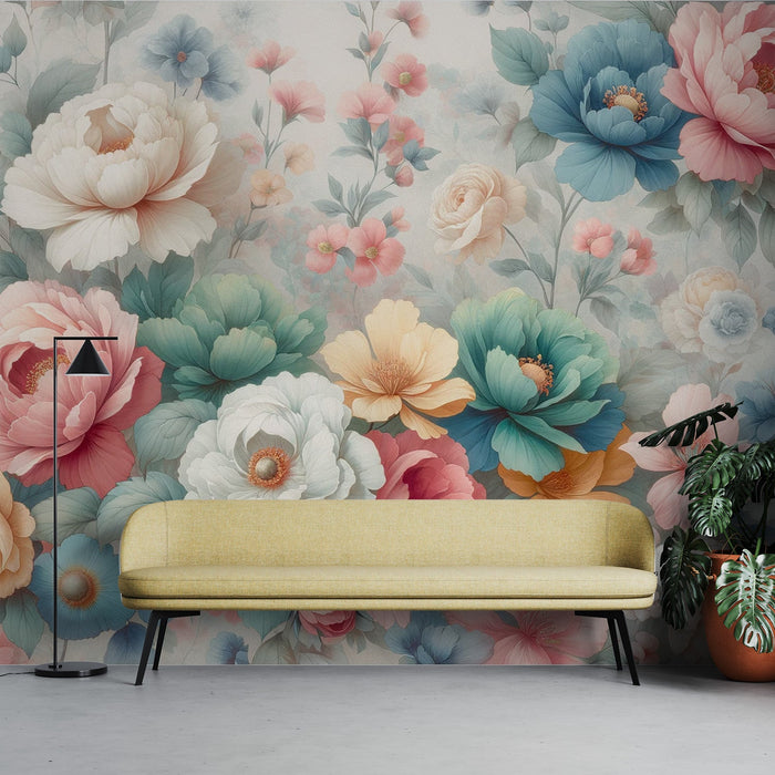 Peony Mural Wallpaper | Vintage with Large Multicolored Flowers