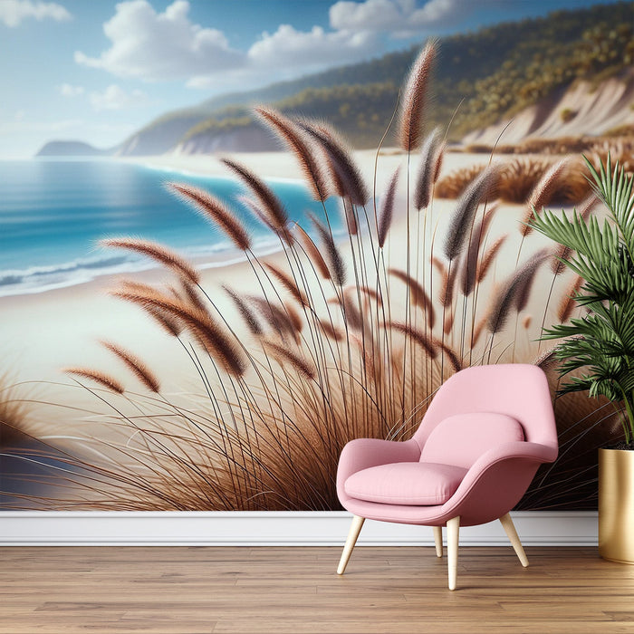 Beach Mural Wallpaper | Paradise Island and Pampas Grass Stems