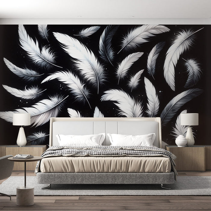 Feather Mural Wallpaper | Black and White Watercolor Design