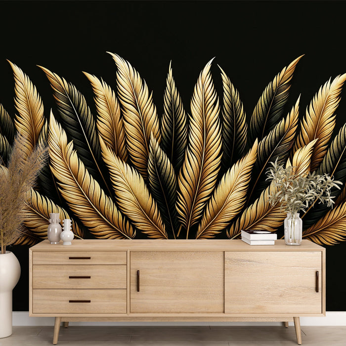 Feather Mural Wallpaper | Golden on Black Background Design