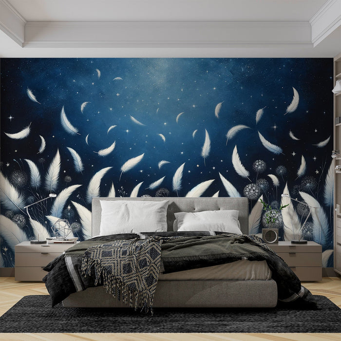 Feather Mural Wallpaper | Flight of Feathers on Midnight Blue Background