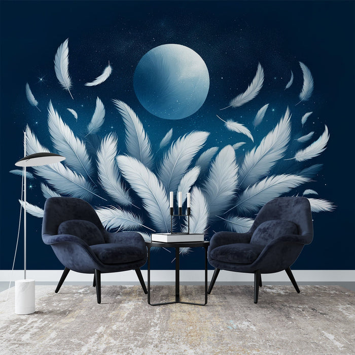Feather Mural Wallpaper | Moon and White Feather on Midnight Blue Background