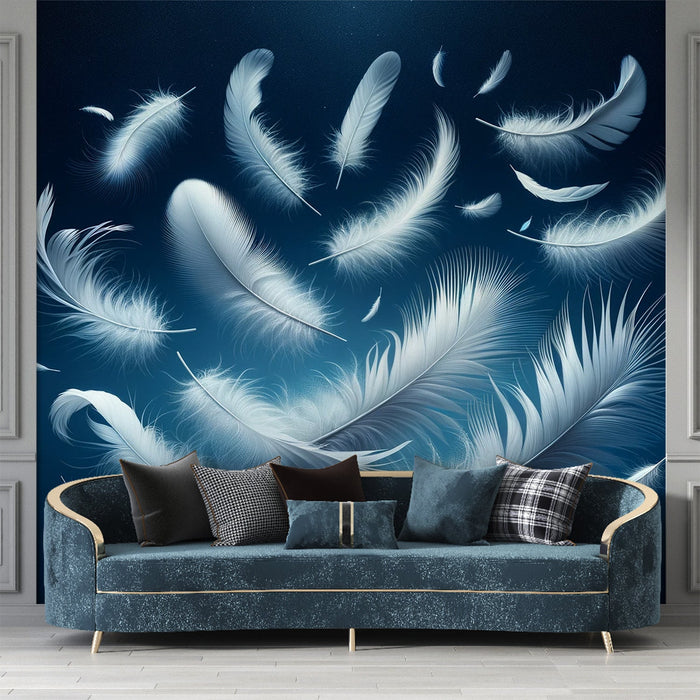 Feather Mural Wallpaper | Realistic White Feather on Midnight Blue Background