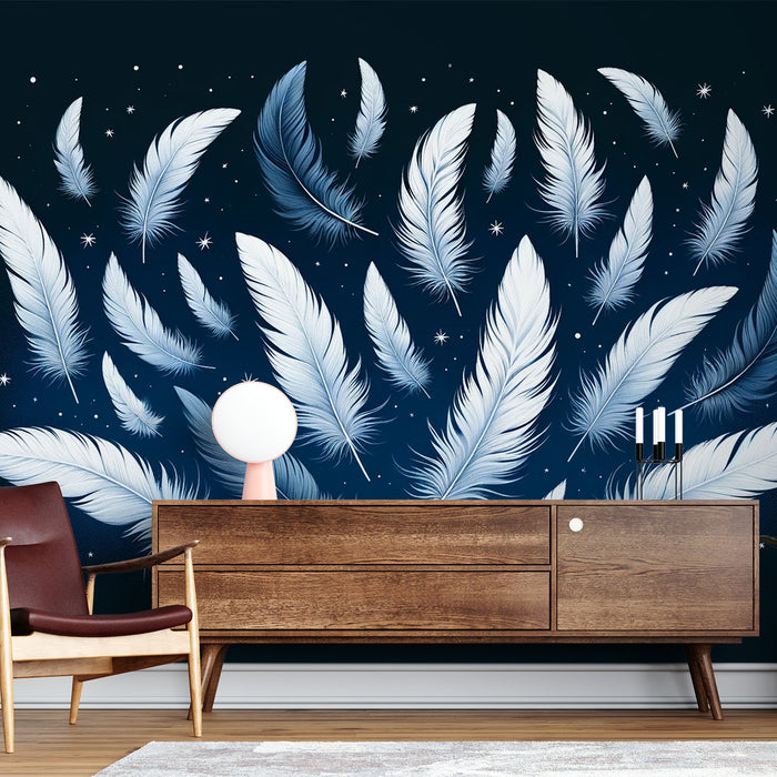 Feather Mural Wallpaper | Falling Feather on Midnight Blue Background