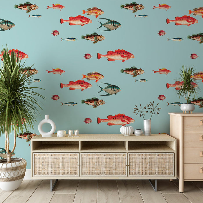 Fish Mural Wallpaper | Colorful on Sky Blue Background