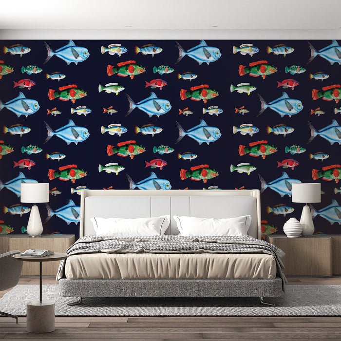 Fish Mural Wallpaper | Colorful on a Midnight Blue Background