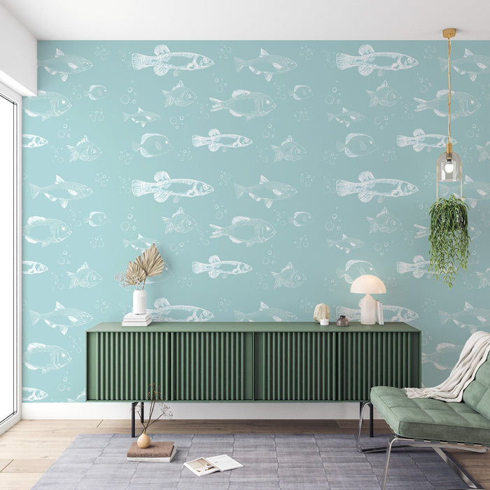 Fish Mural Wallpaper | White Drawing on Sky Blue Background